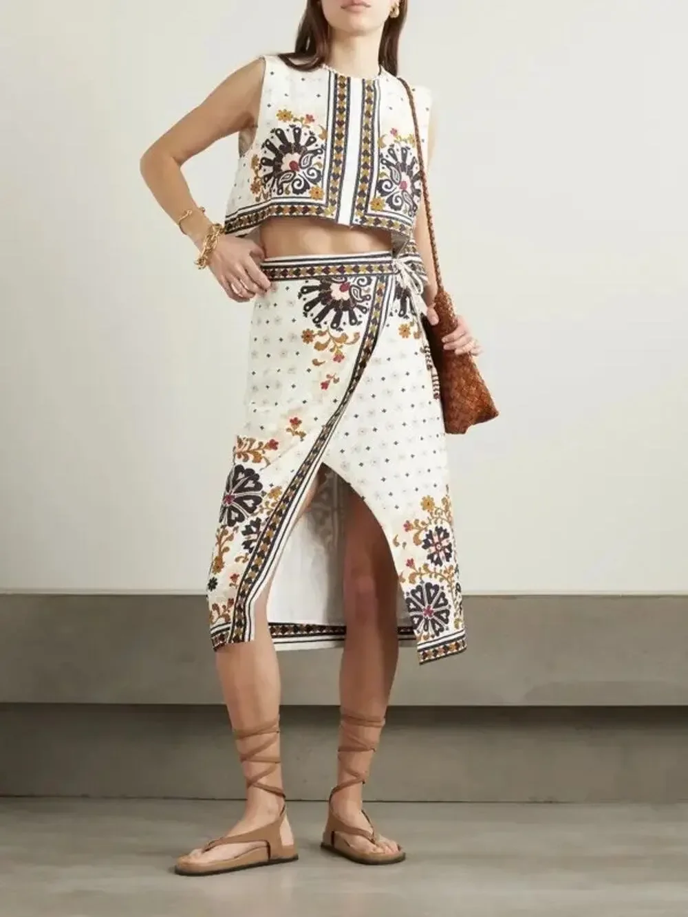 Farm Rio Wrap Midi Skirt Size L Off White Linen Flower Fan Tapestry Tie-Waist